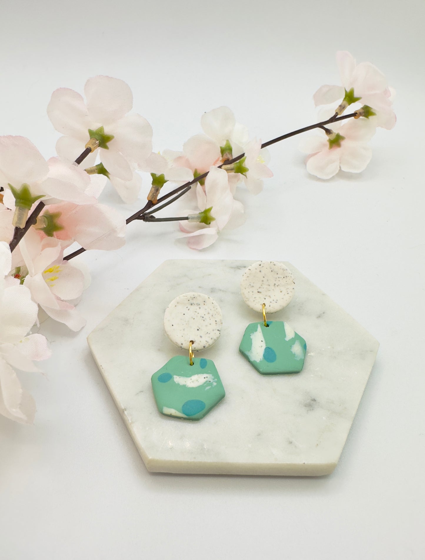 Hexagon Dot Earrings - blue abstract
