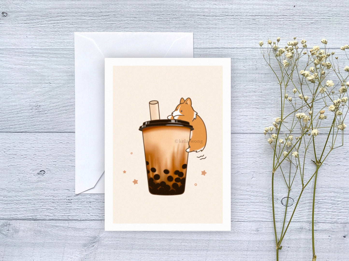 Bubble Tea Boba Corgi Greeting Card: Single Card