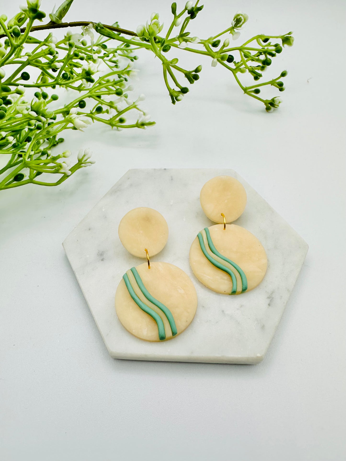 Circle Dot Earrings - Tan w/ Teal Lines