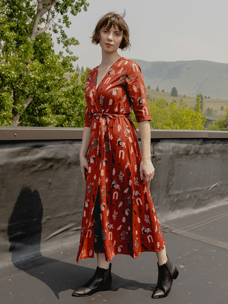 modern wrap dress Linen Wrap Dress with Pockets: Elegant Organic Midi Dress