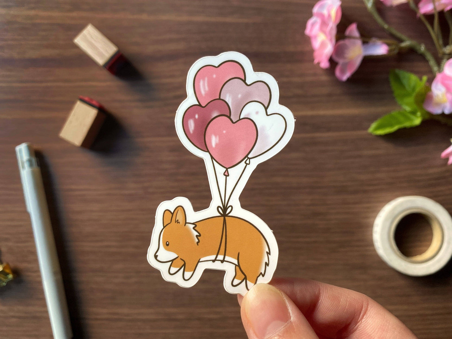 Flying Heart Balloons Corgi Vinyl Sticker