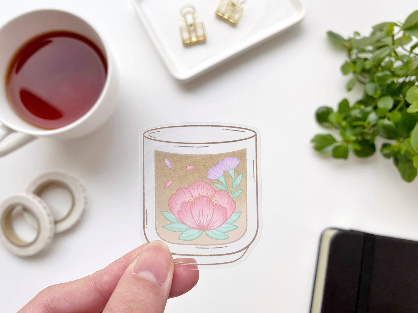 Floral Hojicha Teacup Clear Vinyl Sticker