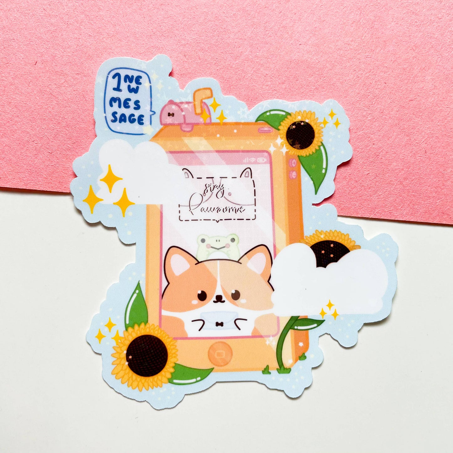 Holographic Sunflower Mobile Corgi Sticker