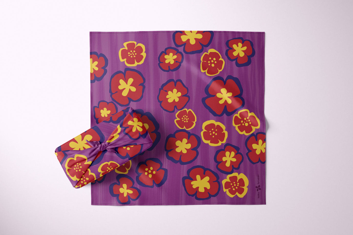 Furoshiki Reusable Japanese Fabric Gift Wrap Red Flowers