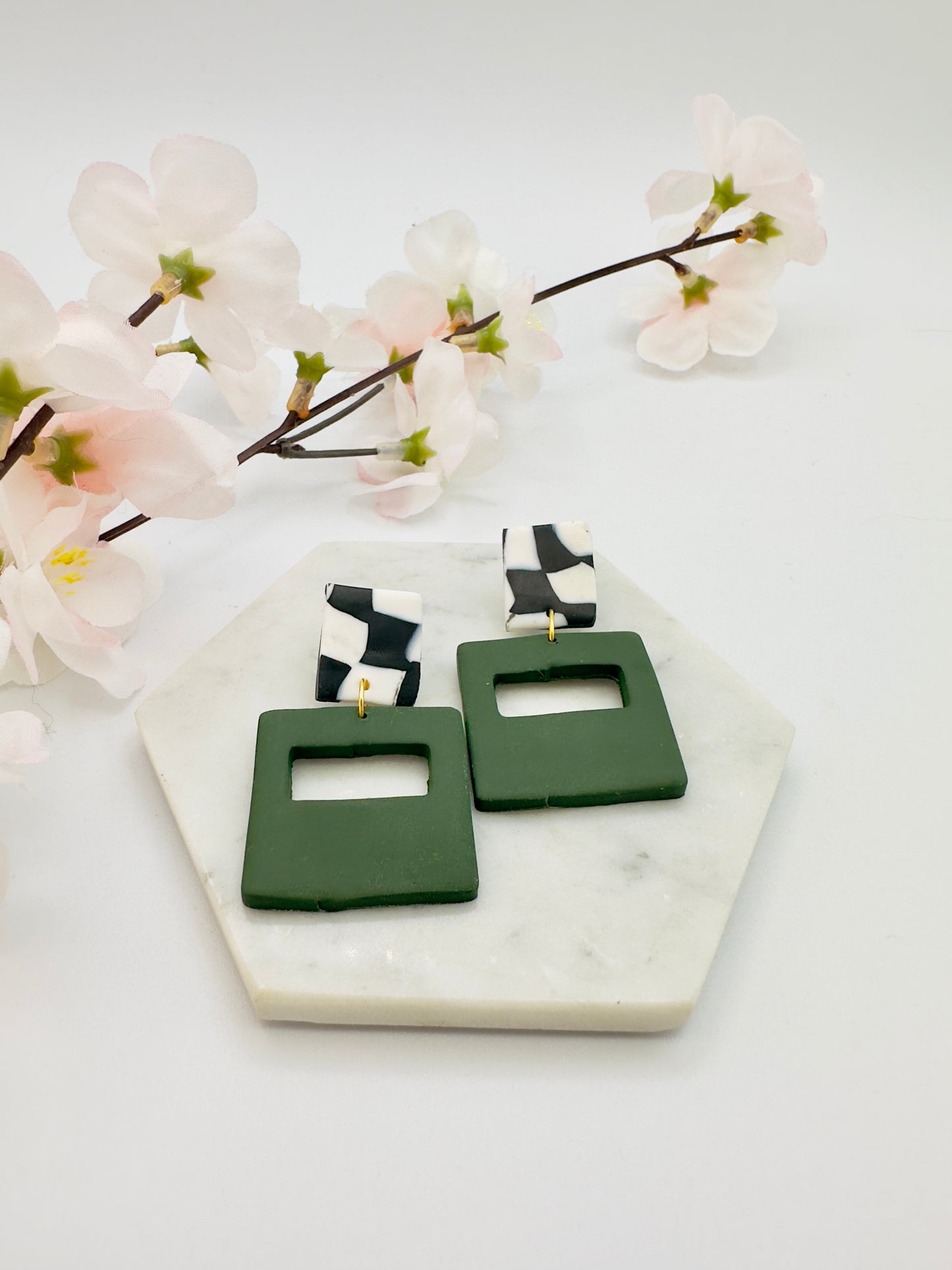 Square Cut Out Earrings - B+W checkers