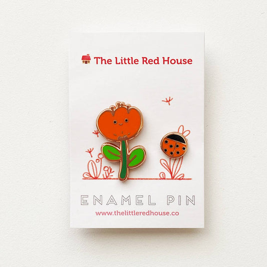 Flower and Lady Bug Gold Plating Enamel Pin Set