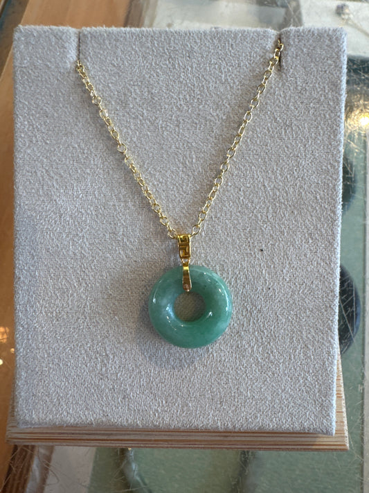 18K Gold Green Burmese Jade Donut Necklace w/certificate