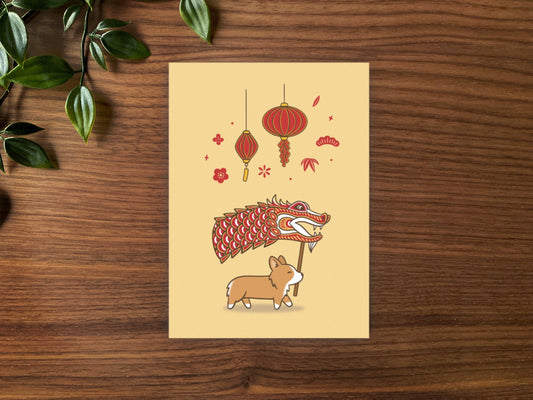 Lunar New Year Dragon Corgi Greeting Card: Single Card