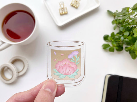 Floral Hojicha Teacup Clear Vinyl Sticker