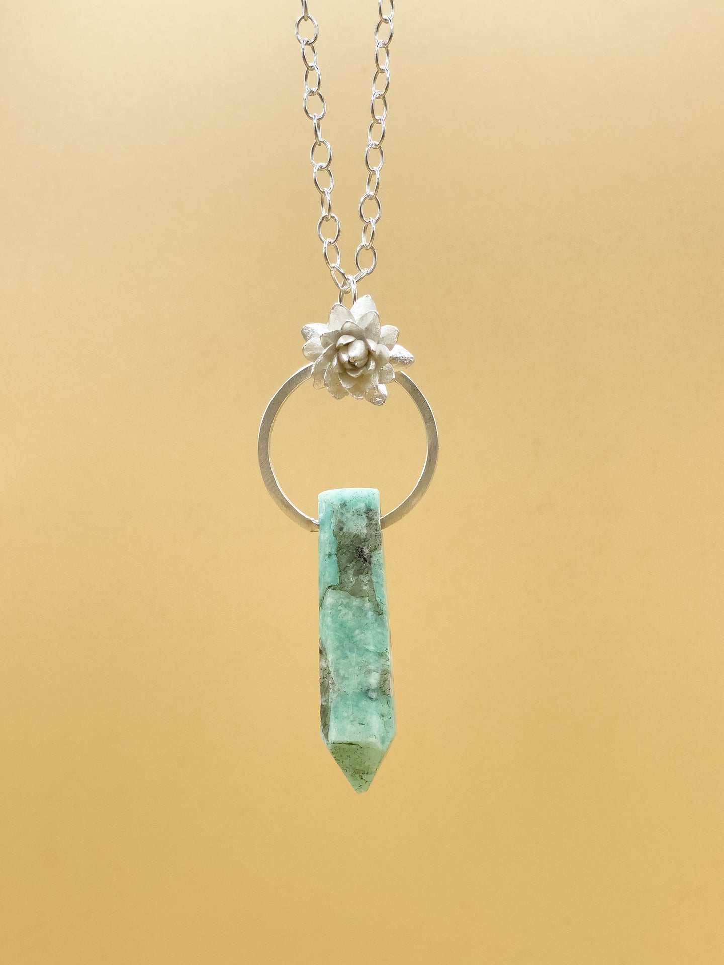 Amazonite Crystal and Cast Succulent Pendant