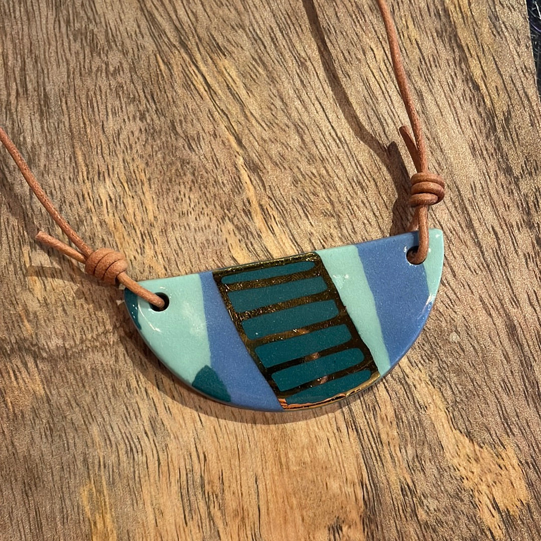 Teal Striped Hapa Moon Necklace